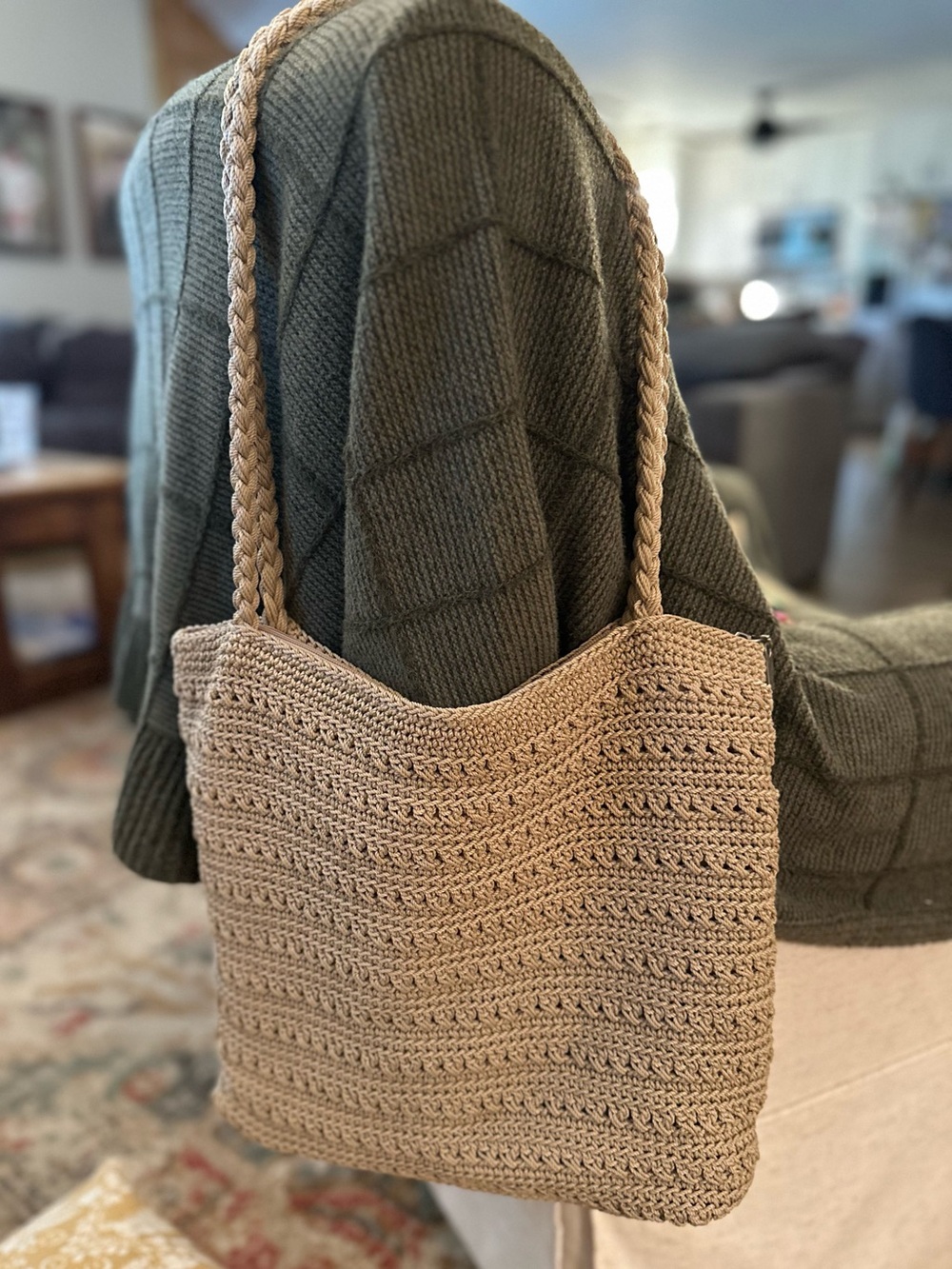 The Sak Y2K Slouchy Beige Crochet Woven Shoulder Bag Neutral Minimalist Boho